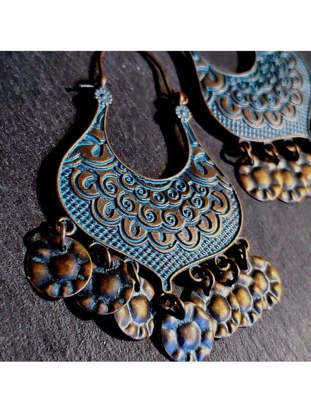 Antique Copper Verdigris Blue Green Patina Moroccan Hammered Rounds Earrings - Picture 3 of 6